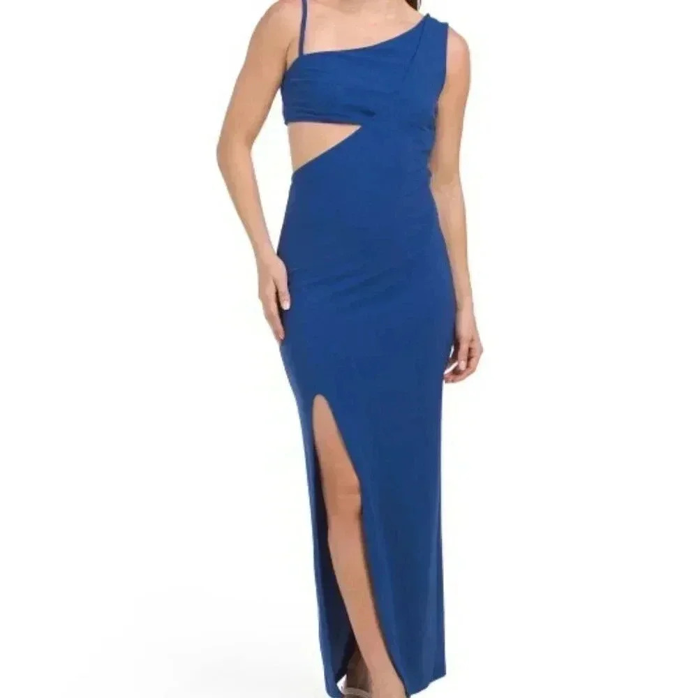 Phoenix One Shoulder Gown with Slit (Color: Blue)